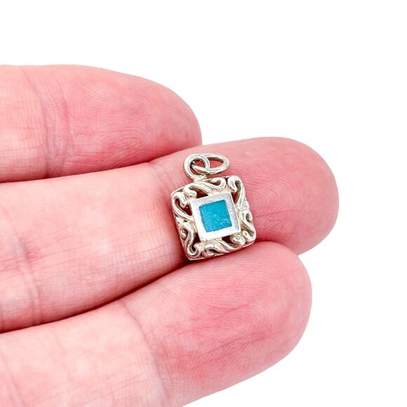Vintage Sterling Silver 925 Turquoise Square Filigree Pendant - Picture 1 of 6